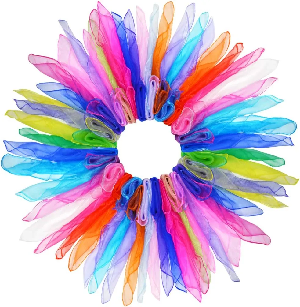 Tayfremn 28pcs Dance Scarves Square Juggling Silk Play Movement Scarves Magic Tricks Performance Props Accessories 24 by 24 Inches,14 Color