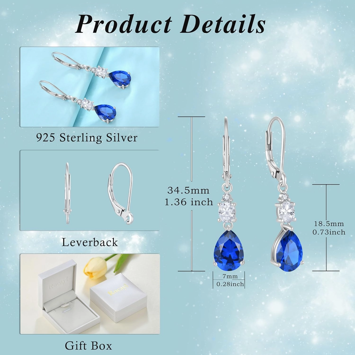 Teardrop Leverback Earrings 925 Sterling Silver Oval Dangle Drop Earrings Birthstone Jewelry Gifts for Women