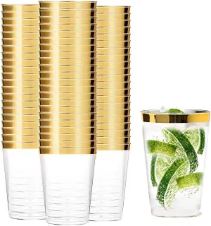 Tebery 100 Pack Clear Plastic Cups, 16Oz Disposable Tumblers with Gold Rim, Elegant Party Tumblers for Wedding and More