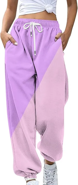 Teen Girls Cute Sweatpants Two Tone Drawstring Elastic Waist Cinch Bottom Joggers Lounge Slacks Womens Loose Soft Activewear