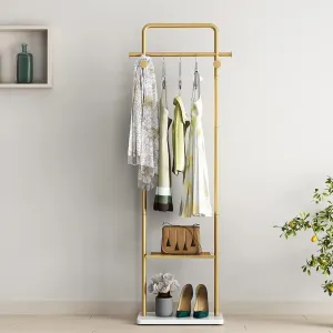 TIEOU Gold Clothes Racks with Shelf, Heavy Duty Gold Clothing Racks for Boutiques, Free-Standing Metal Garment Rack for Hanging Clothes, Modern Coat Rack Entryway