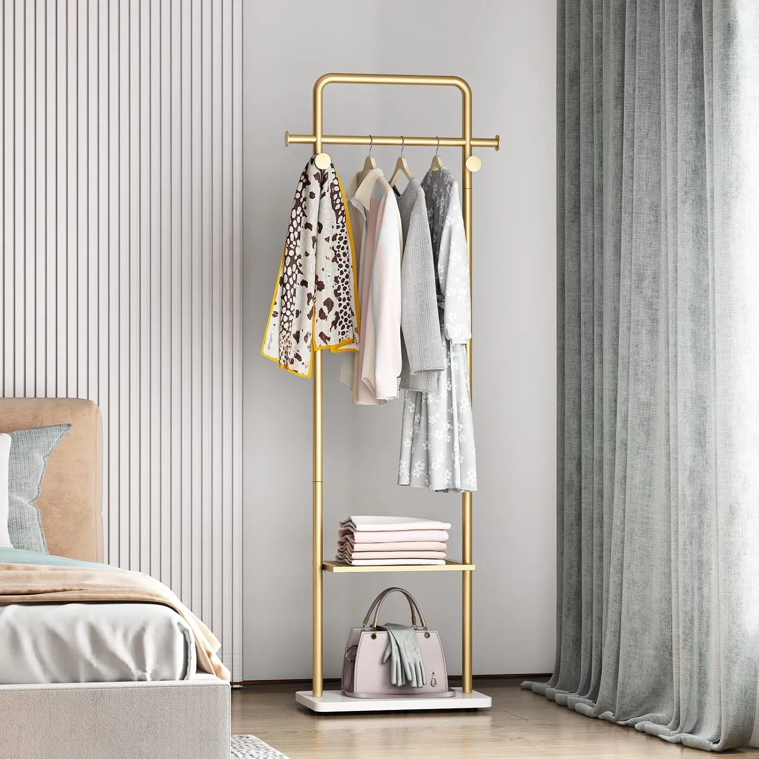 TIEOU Gold Clothes Racks with Shelf, Heavy Duty Gold Clothing Racks for Boutiques, Free-Standing Metal Garment Rack for Hanging Clothes, Modern Coat Rack Entryway