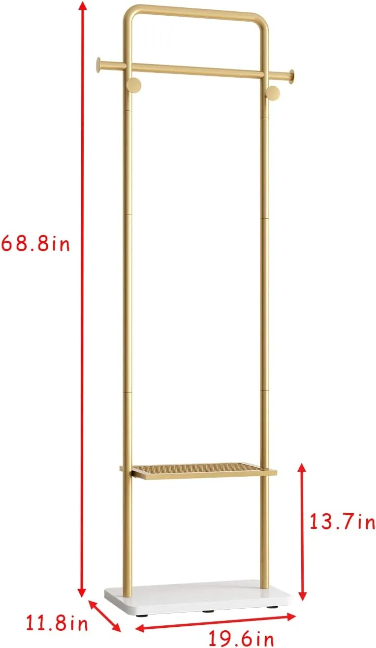 TIEOU Gold Clothes Racks with Shelf, Heavy Duty Gold Clothing Racks for Boutiques, Free-Standing Metal Garment Rack for Hanging Clothes, Modern Coat Rack Entryway