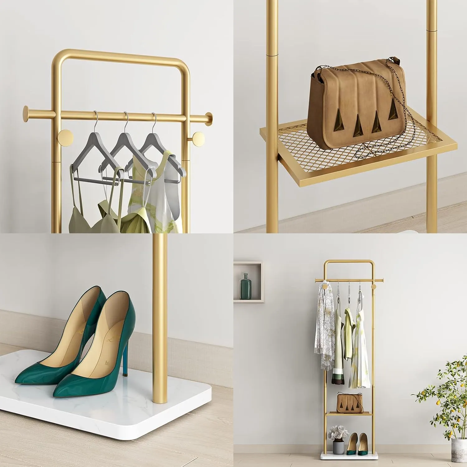 TIEOU Gold Clothes Racks with Shelf, Heavy Duty Gold Clothing Racks for Boutiques, Free-Standing Metal Garment Rack for Hanging Clothes, Modern Coat Rack Entryway
