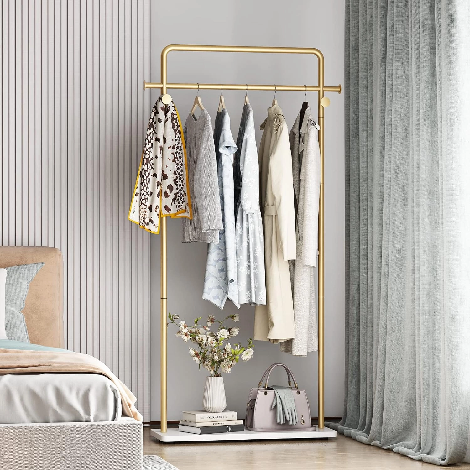 TIEOU Gold Clothing Racks with Shelf, Heavy Duty Gold Clothes Racks for Boutiques, Free-Standing Metal Garment Rack for Hanging Clothes, Modern Coat Rack Entryway