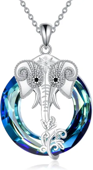 TIGER RIDER Elephant Necklace 925 Sterling Silver Blue Crystal Elephant Pendant Jewelry Gifts for Women