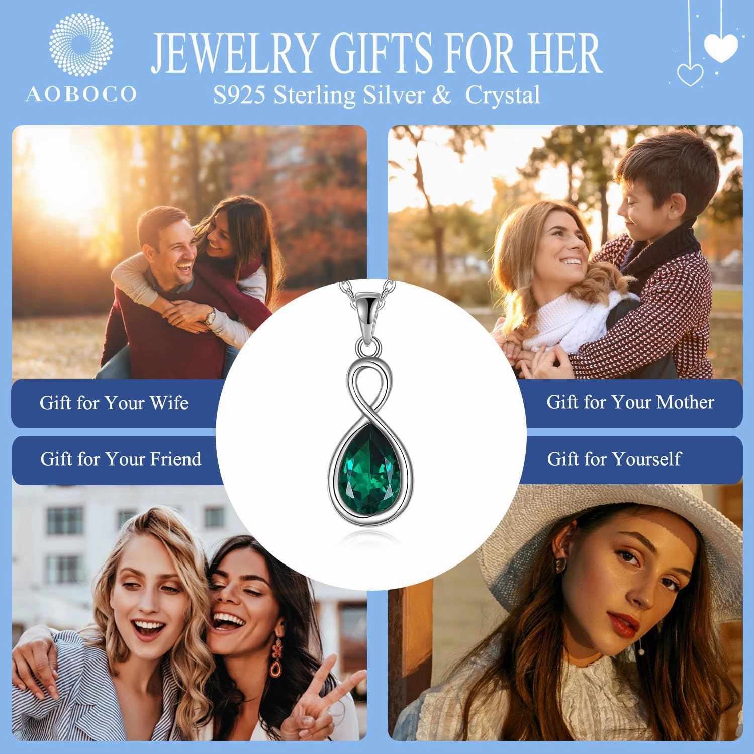 TIGER RIDER Birthstone Necklaces for Women Sterling Silver Infinity Pendant Crystal Green Ruby Birthstone Necklace Jewelry Birthday Gifts for Mom Wife