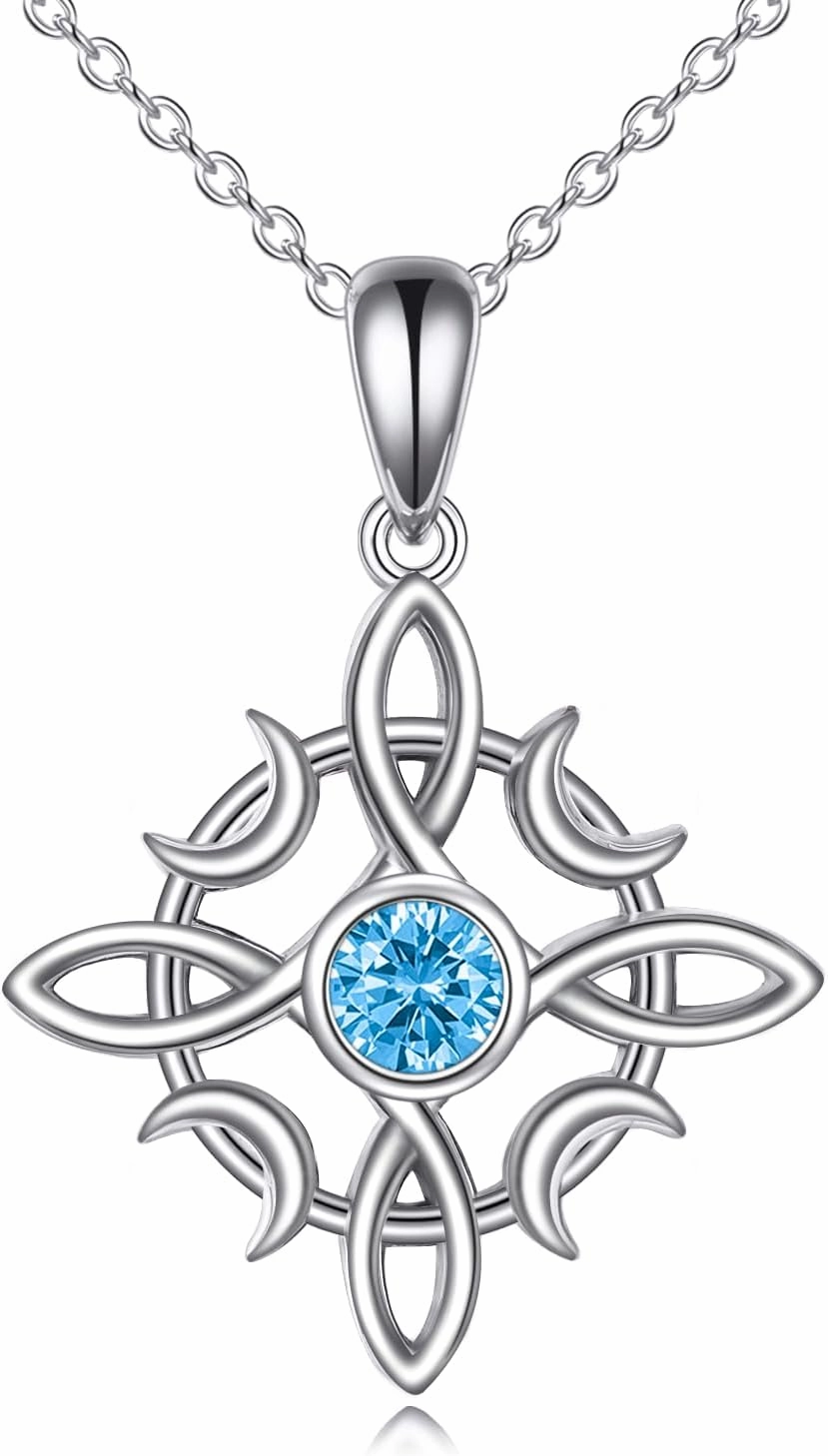TIGER RIDER Celtic Knot Birthstone Necklace Sterling Silver Witch Knot Pendant Necklace Wiccan Witchy Good Luck Irish Jewelry Mothers Day Birthday Gifts for Women Mom