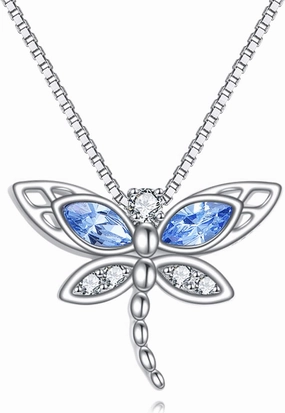 TIGER RIDER Dragonfly Necklace 925 Sterling Silver Crystal Pendant Necklaces Blue Dragonfly Jewelry Birthday Mothers Day Gifts for Mom Women