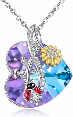 TIGER RIDER Ladybug Necklace 925 Sterling Silver Heart Crystal Necklace Ladybug Sunflower Necklace Jewelry Birthday Gifts for Women Mom Friends