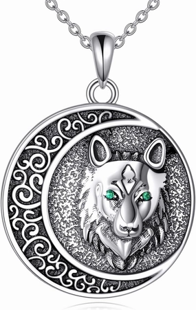 TIGER RIDER Wolf Necklace 925 Sterling Silver Emerald Wolf Head Pendant Viking Necklace Norse Jewelry Gifts for Men Women