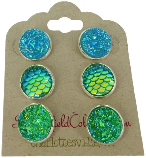 Trio Silver-tone Stud Earrings Green AB Blue Faux Druzy Stone Mermaid Scale Set 12mm