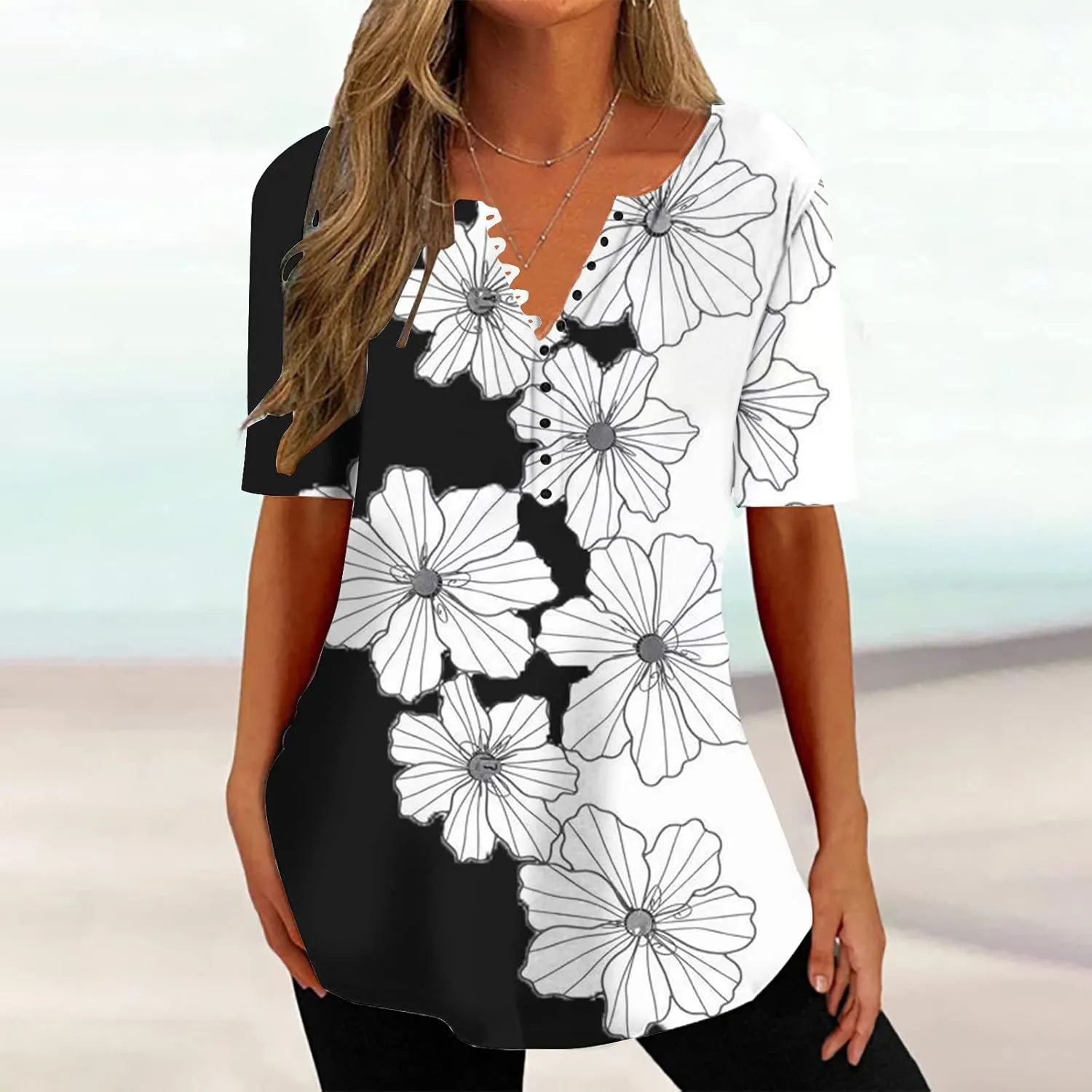 Tunic Tops for Women Trendy Summer Casual Short Sleeve Half Button Floral Blouses Hide Belly Loose Fitting Shirts