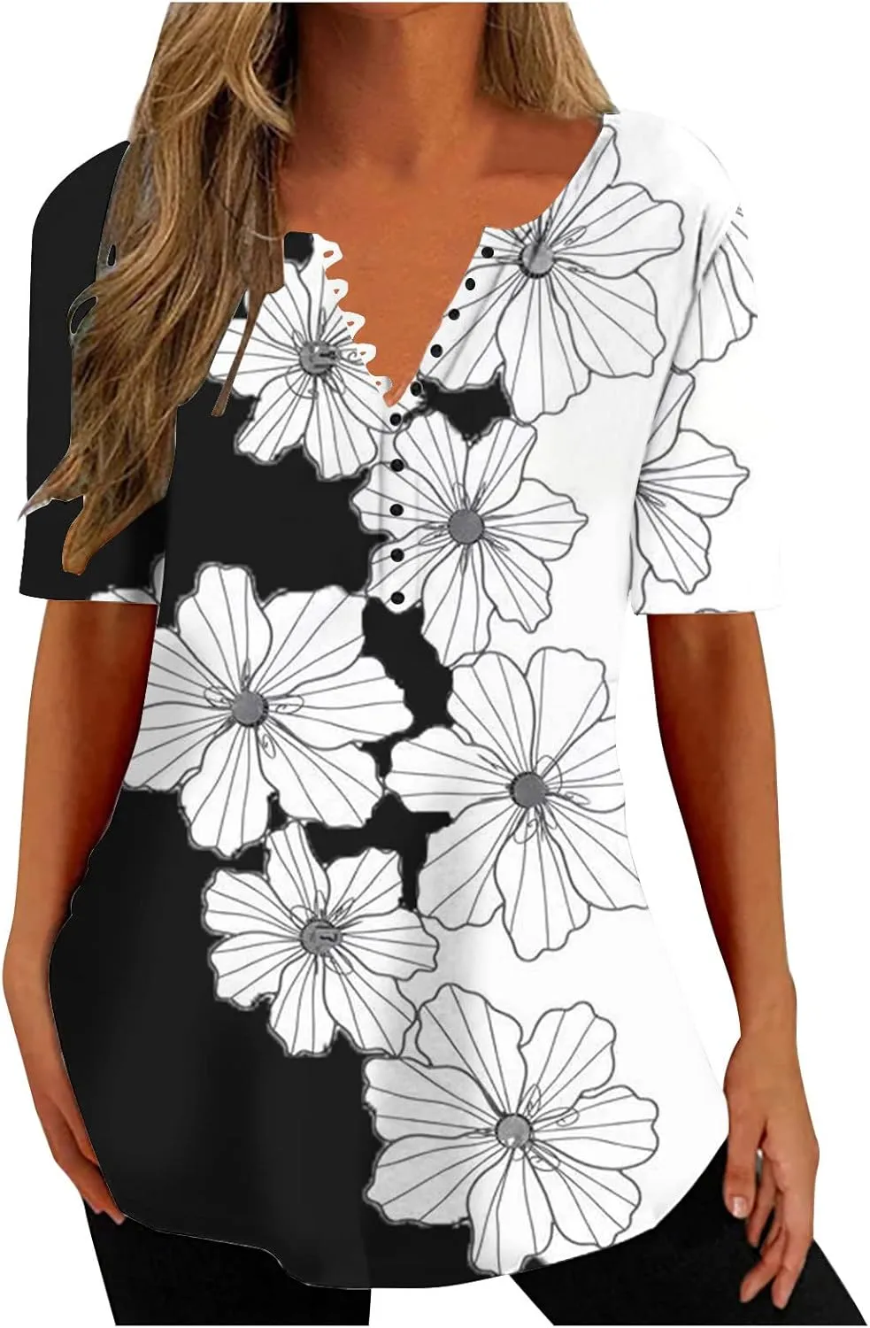 Tunic Tops for Women Trendy Summer Casual Short Sleeve Half Button Floral Blouses Hide Belly Loose Fitting Shirts