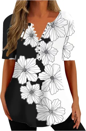 Tunic Tops for Women Trendy Summer Casual Short Sleeve Half Button Floral Blouses Hide Belly Loose Fitting Shirts