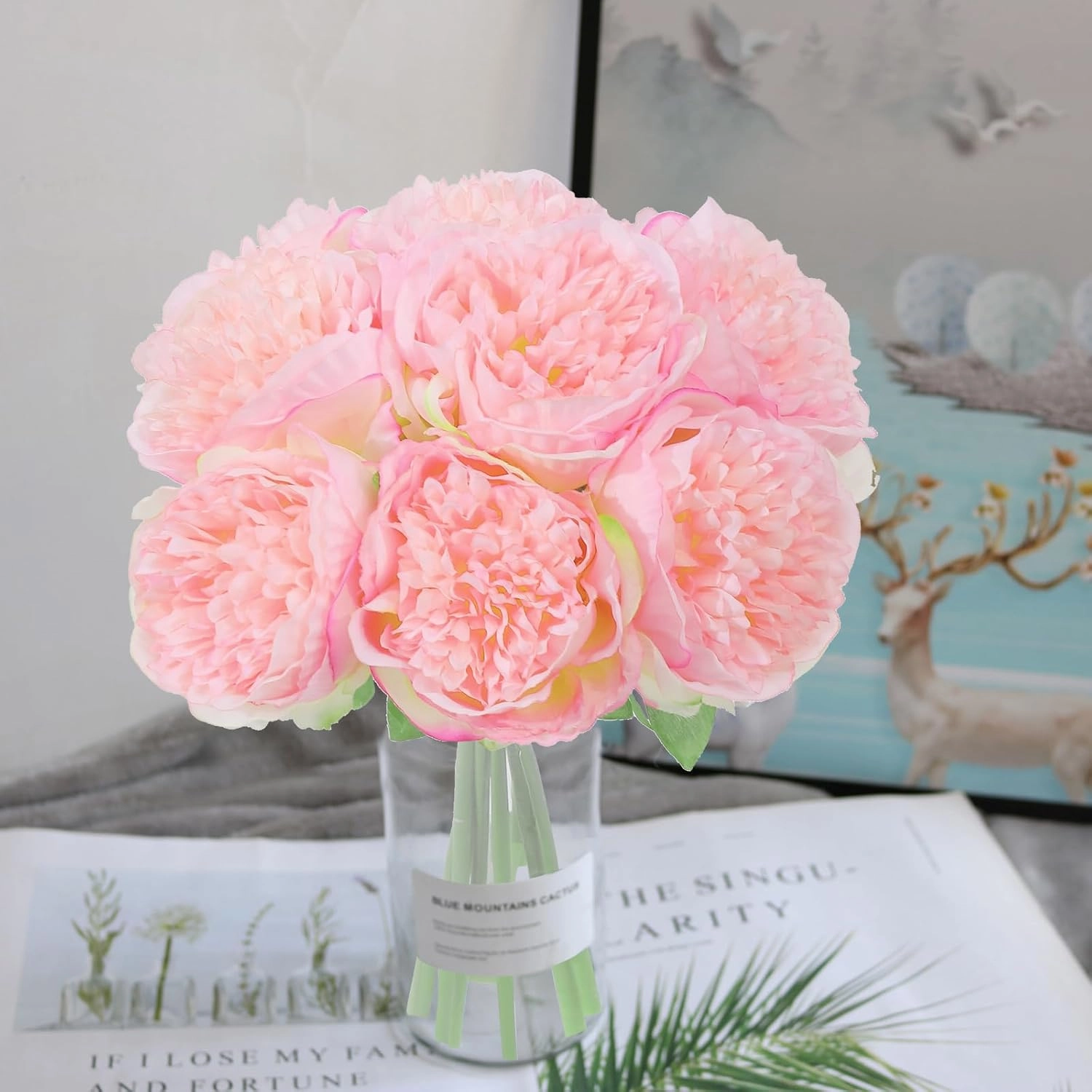 U'Artlines 20 Heads Artificial Peony Silk Flower Leaf Home Office Wedding Party Festival Bar Decor (Pink)