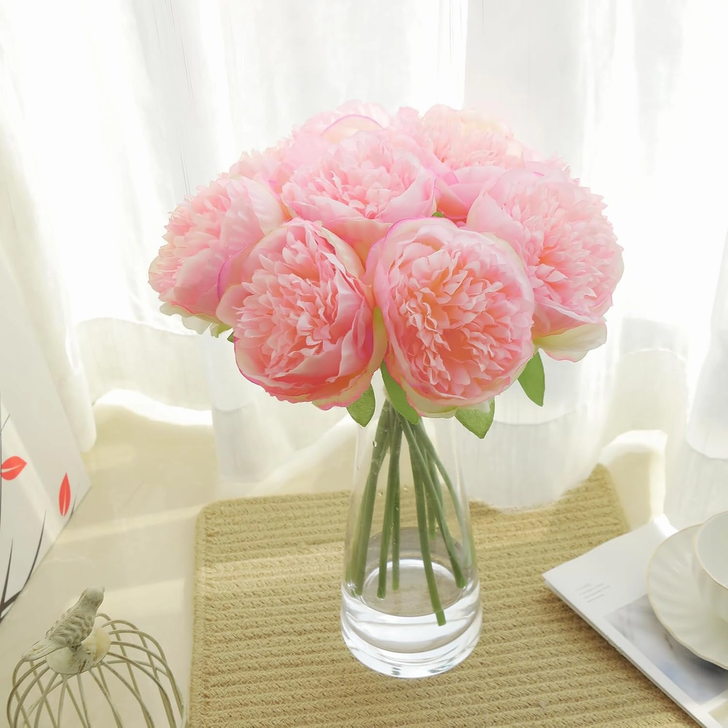 U'Artlines 20 Heads Artificial Peony Silk Flower Leaf Home Office Wedding Party Festival Bar Decor (Pink)