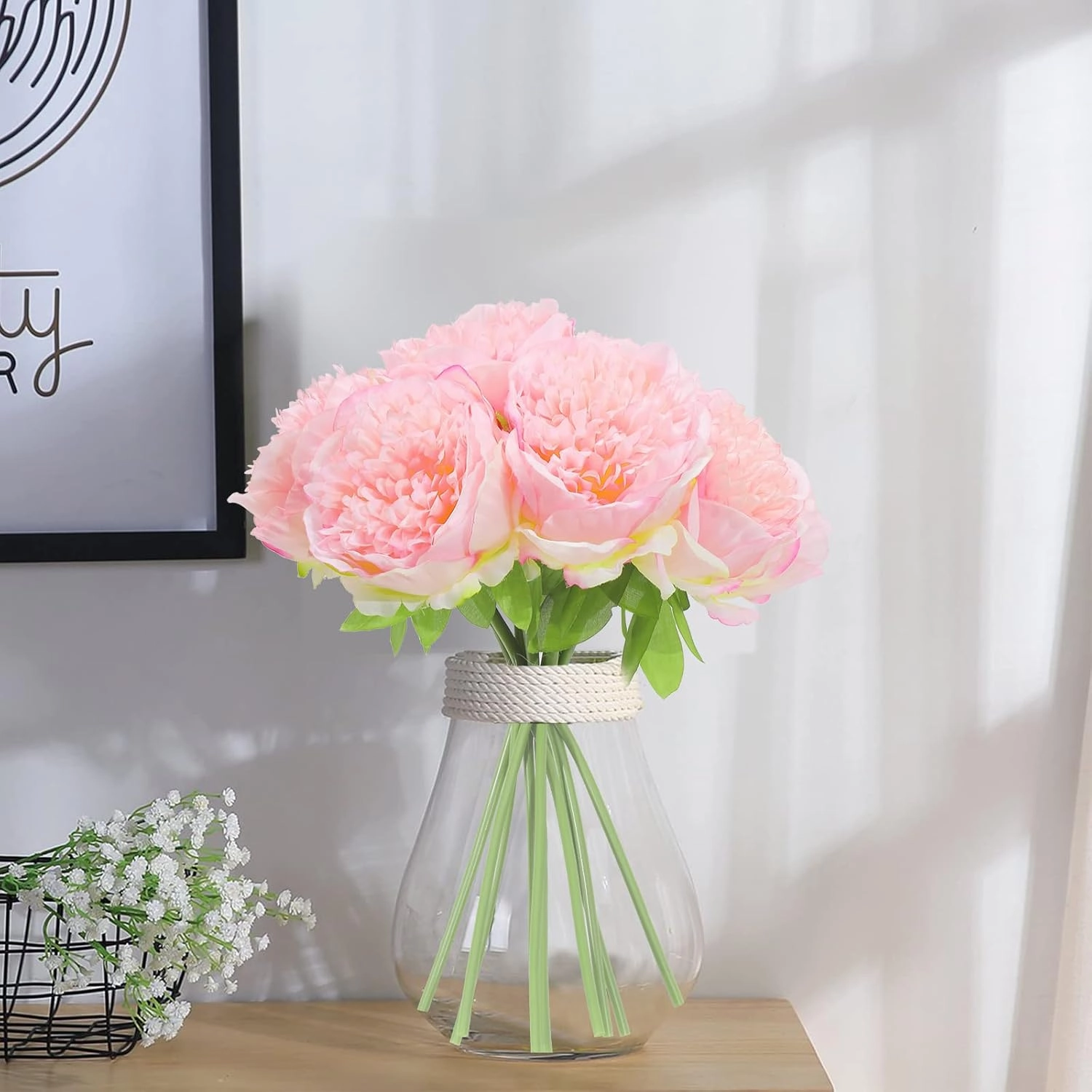 U'Artlines 20 Heads Artificial Peony Silk Flower Leaf Home Office Wedding Party Festival Bar Decor (Pink)