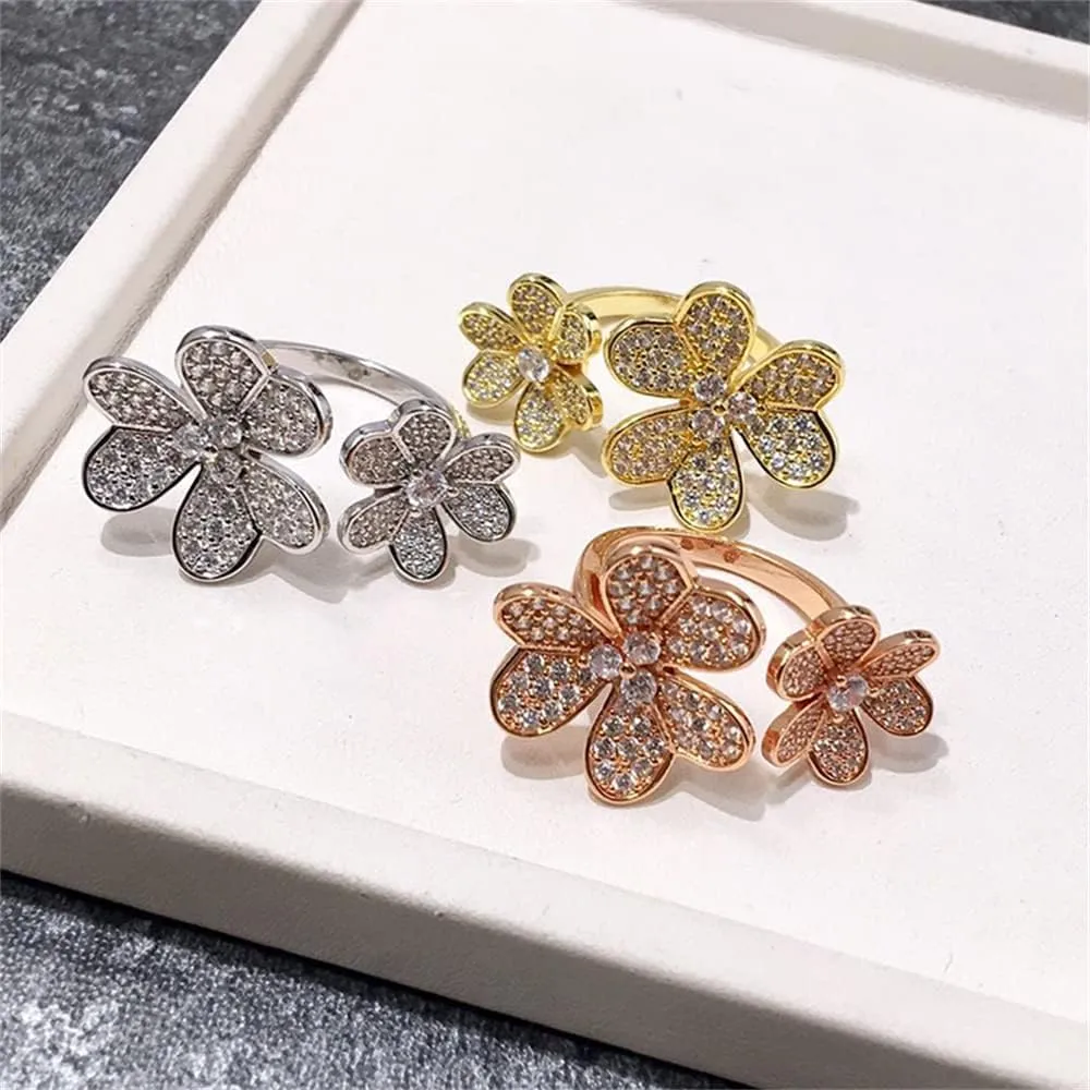U/B Double Clover Rings for Women Shining Cubic Zirconia Ring 18K Gold Plated Adjustable Ring Ladies Fashion Handmade Flower Exquisite Jewelry