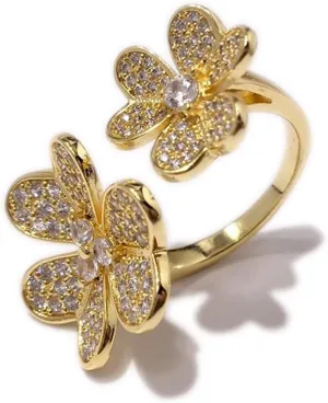 U/B Double Clover Rings for Women Shining Cubic Zirconia Ring 18K Gold Plated Adjustable Ring Ladies Fashion Handmade Flower Exquisite Jewelry
