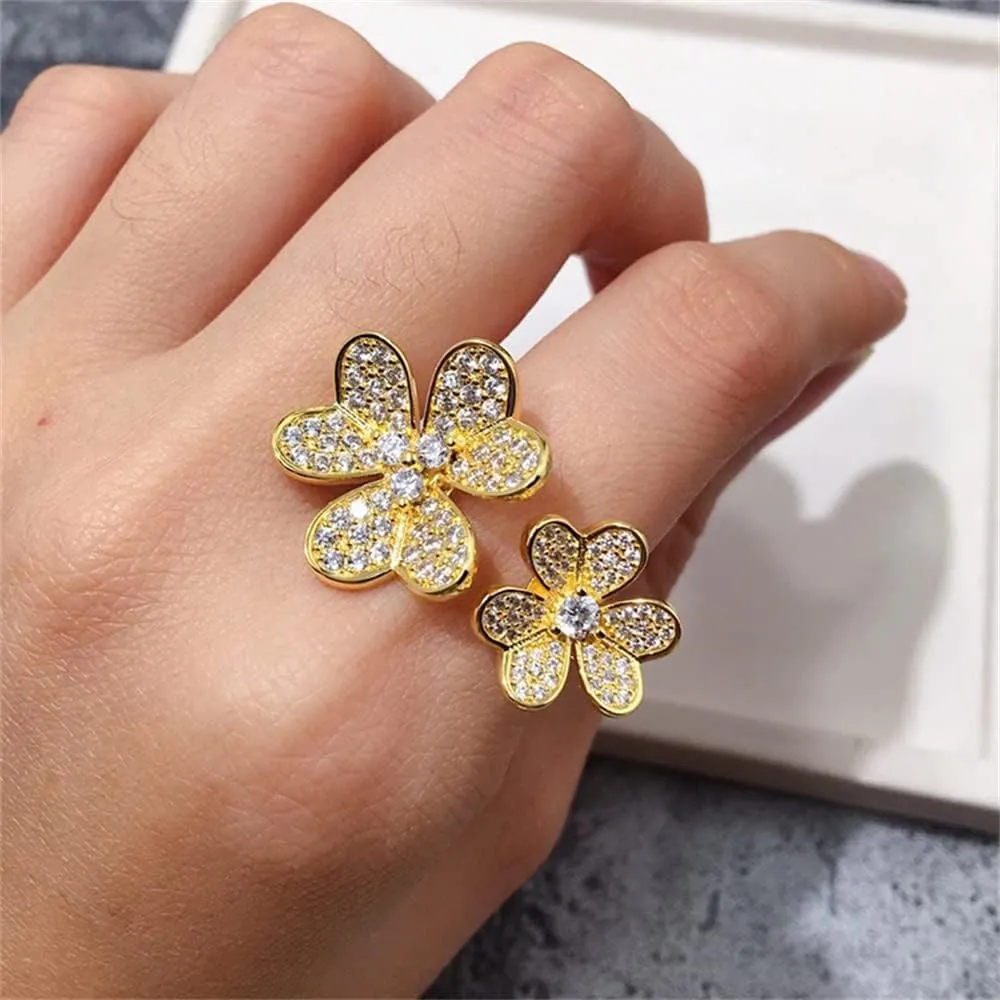 U/B Double Clover Rings for Women Shining Cubic Zirconia Ring 18K Gold Plated Adjustable Ring Ladies Fashion Handmade Flower Exquisite Jewelry