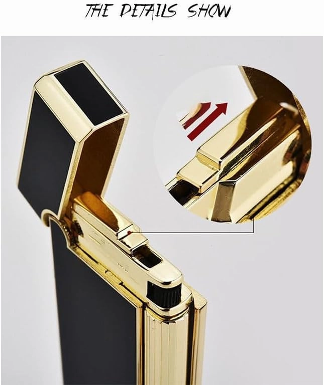 Ultra-Thin Butane Soft Flame Lighter, Side Pulley Ignition Flint Ignition, Adjustable Flame, Refillable, Portable Lighter Can Be Put Into Cigarette Box, Gift for Men and Women(Gold)