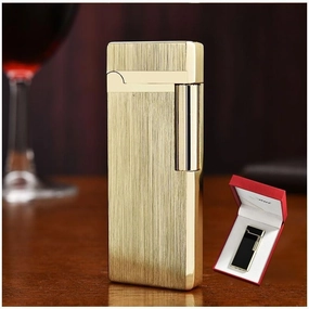Ultra-Thin Butane Soft Flame Lighter, Side Pulley Ignition Flint Ignition, Adjustable Flame, Refillable, Portable Lighter Can Be Put Into Cigarette Box, Gift for Men and Women(Gold)