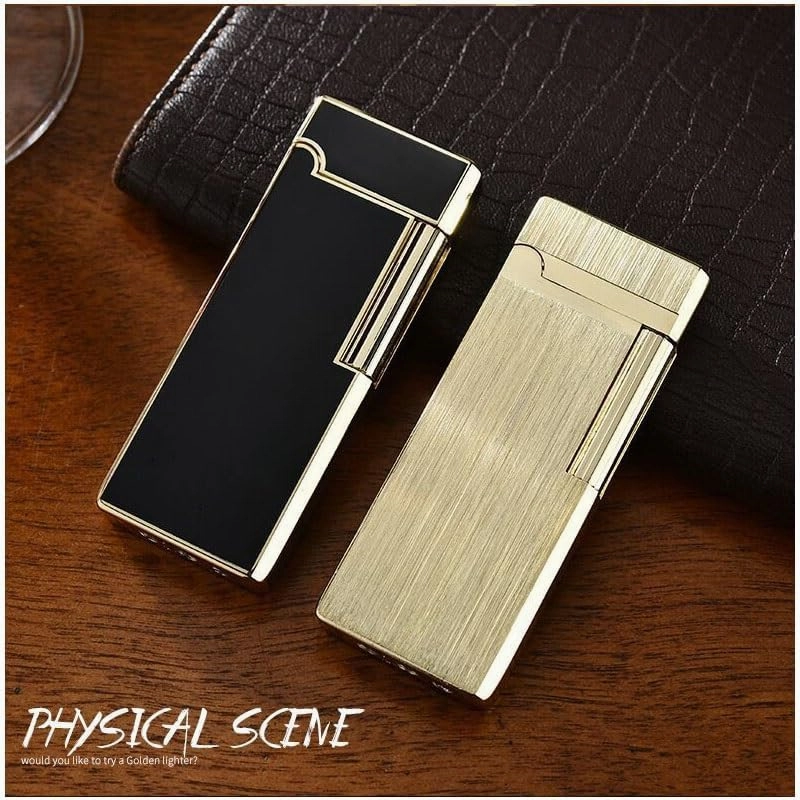 Ultra-Thin Butane Soft Flame Lighter, Side Pulley Ignition Flint Ignition, Adjustable Flame, Refillable, Portable Lighter Can Be Put Into Cigarette Box, Gift for Men and Women(Gold)