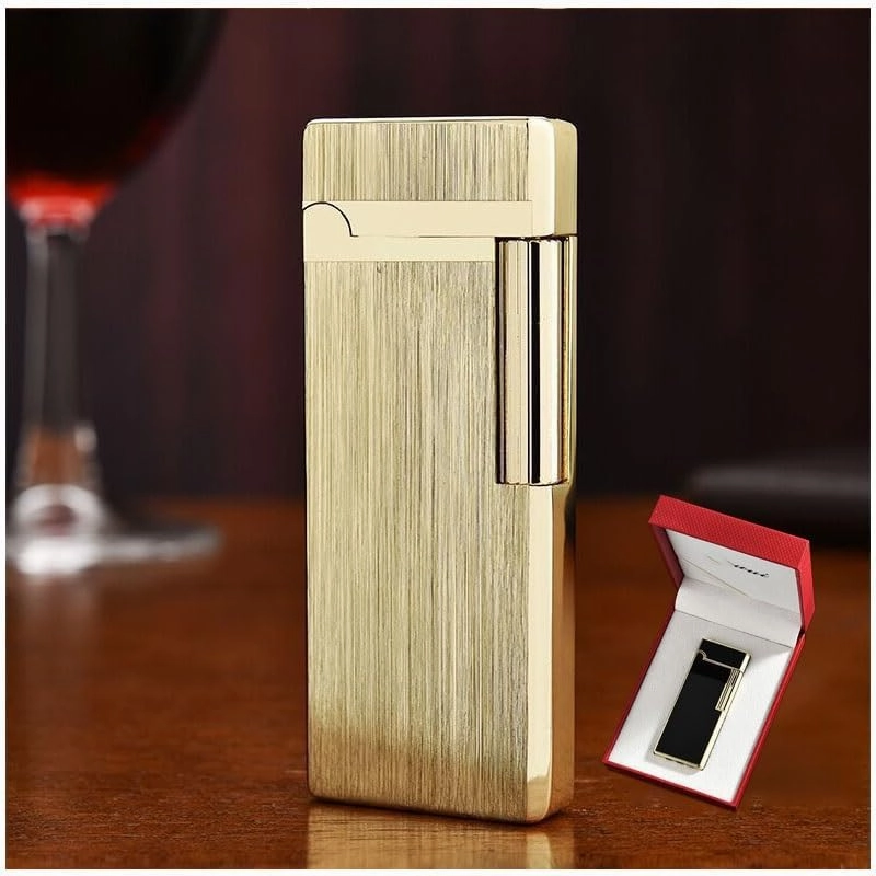Ultra-Thin Butane Soft Flame Lighter, Side Pulley Ignition Flint Ignition, Adjustable Flame, Refillable, Portable Lighter Can Be Put Into Cigarette Box, Gift for Men and Women(Gold)