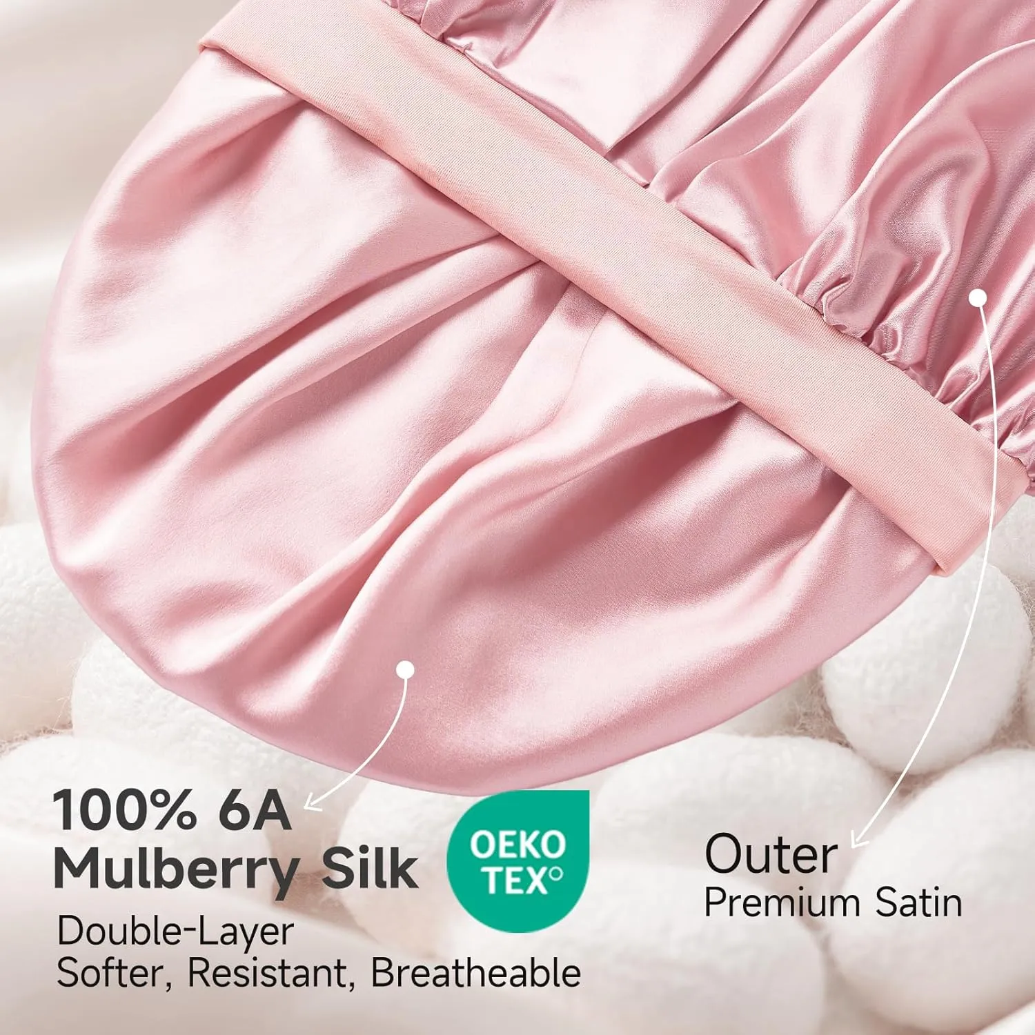 Umisleep 22 Momme 100% Real Mulberry Silk Bonnet for Sleeping Women, Large Hair Care Bonnet for Long Curly Hair, Double Layer Silk Hair Wrap with Soft Elastic Band, Non-Slip Sleep Cap, Light Pink