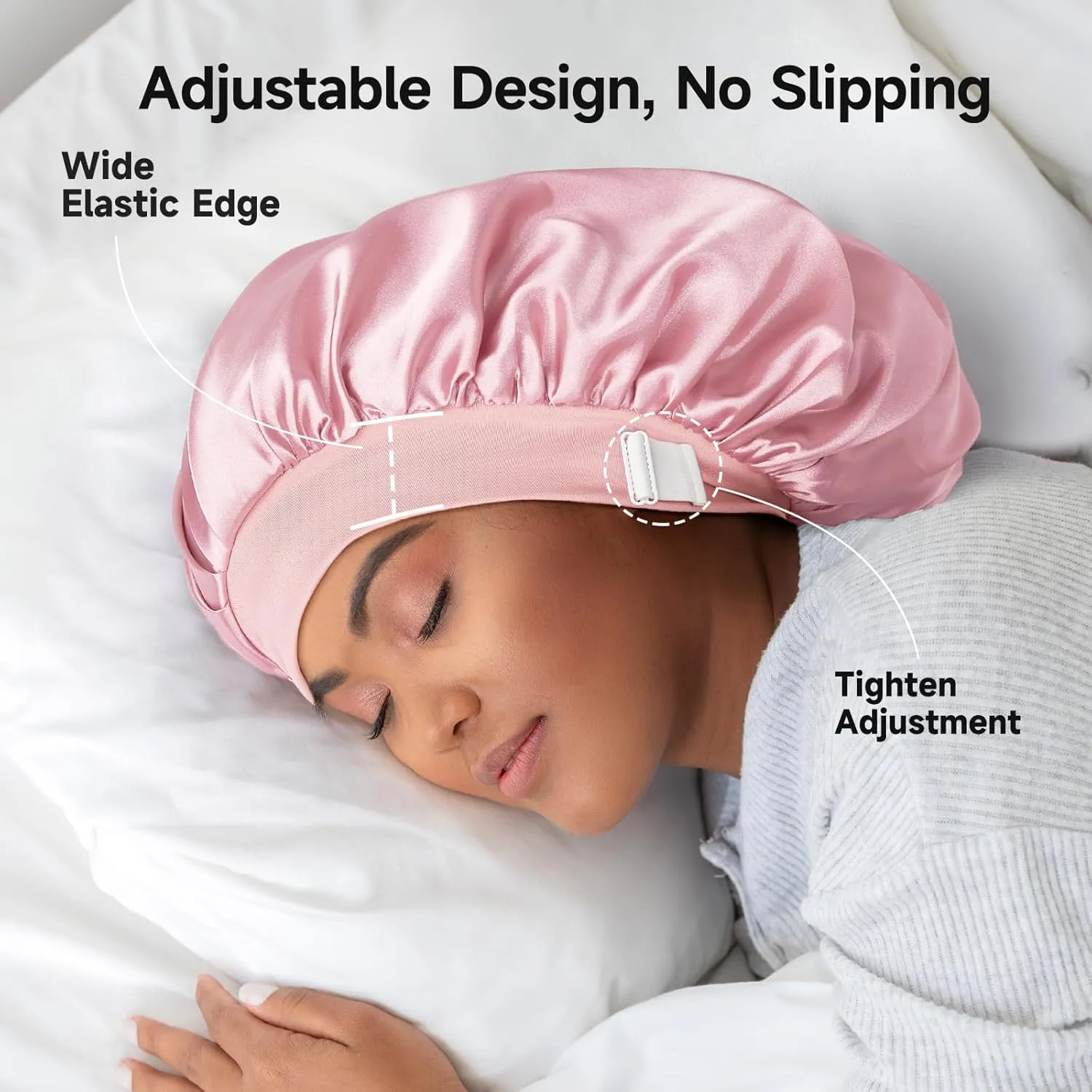 Umisleep 22 Momme 100% Real Mulberry Silk Bonnet for Sleeping Women, Large Hair Care Bonnet for Long Curly Hair, Double Layer Silk Hair Wrap with Soft Elastic Band, Non-Slip Sleep Cap, Light Pink