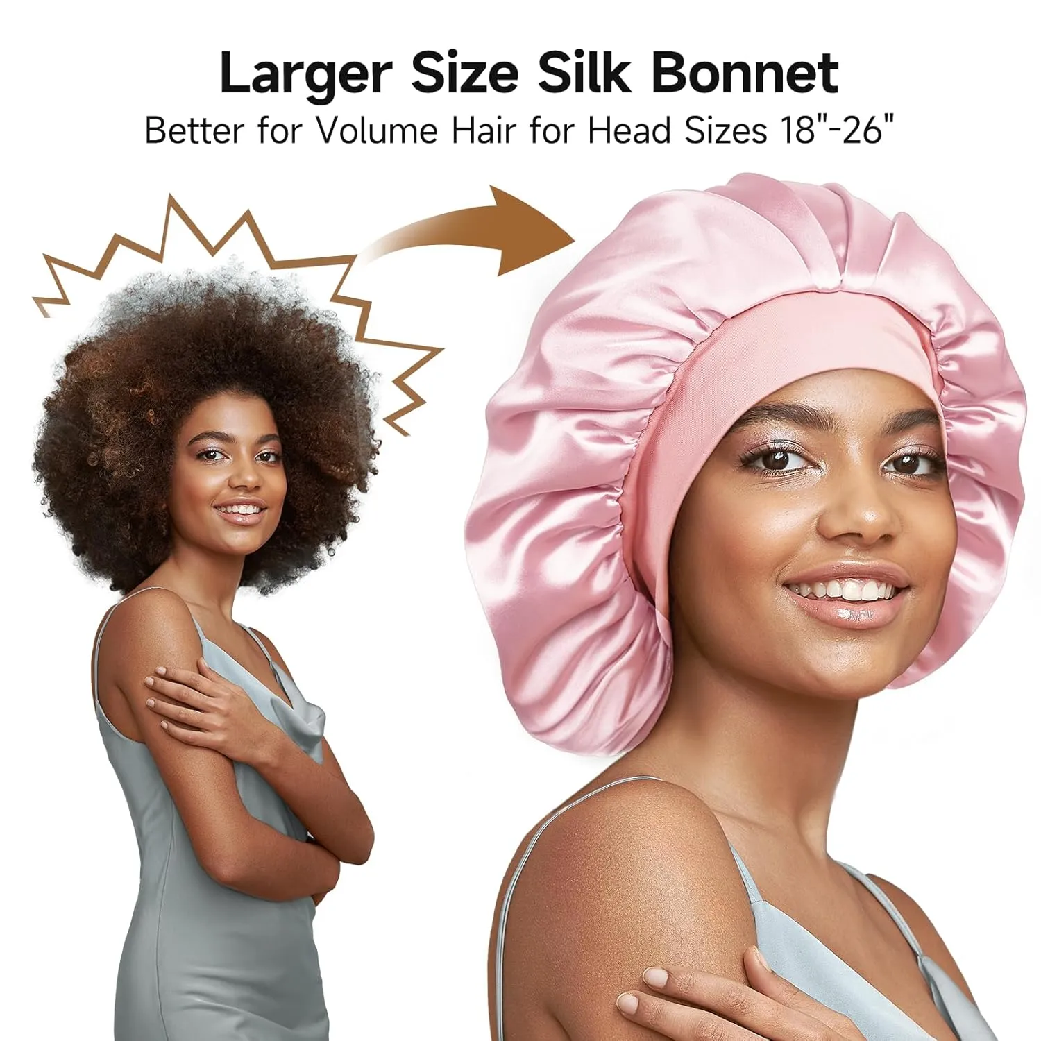 Umisleep 22 Momme 100% Real Mulberry Silk Bonnet for Sleeping Women, Large Hair Care Bonnet for Long Curly Hair, Double Layer Silk Hair Wrap with Soft Elastic Band, Non-Slip Sleep Cap, Light Pink