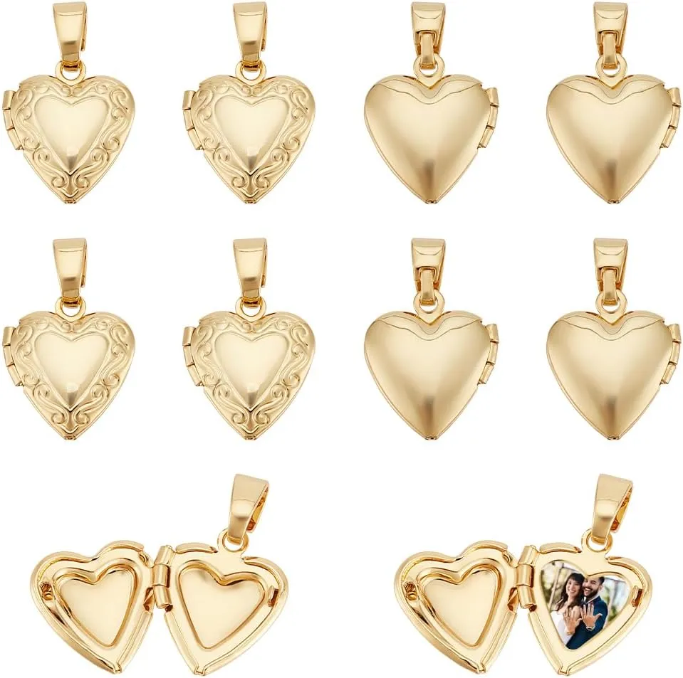 UNICRAFTALE 12Pcs Heart Charms Real 18K Gold Palted Locket Photo Frame Charms Love Dangle Charms Metal Memorial Charms with Pinch Bails Memory Necklace Making for Mother's Day Gift