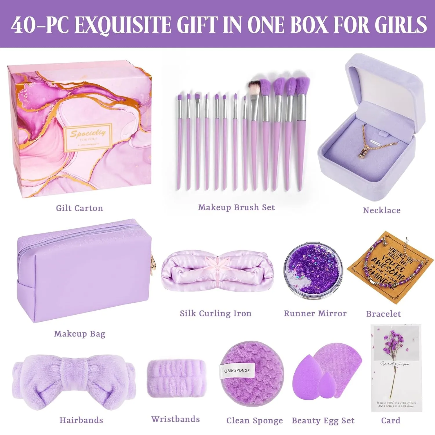 Unique Birthday Gifts for Tween Teen Girls - 40 PCS Gifts Basket Teen Girl Gifts Trendy Stuff Girls Fun Empower Gift Box, Makeup Brushes Makeup Bag Gift Set for Her,Niece,Daughter（Purple）