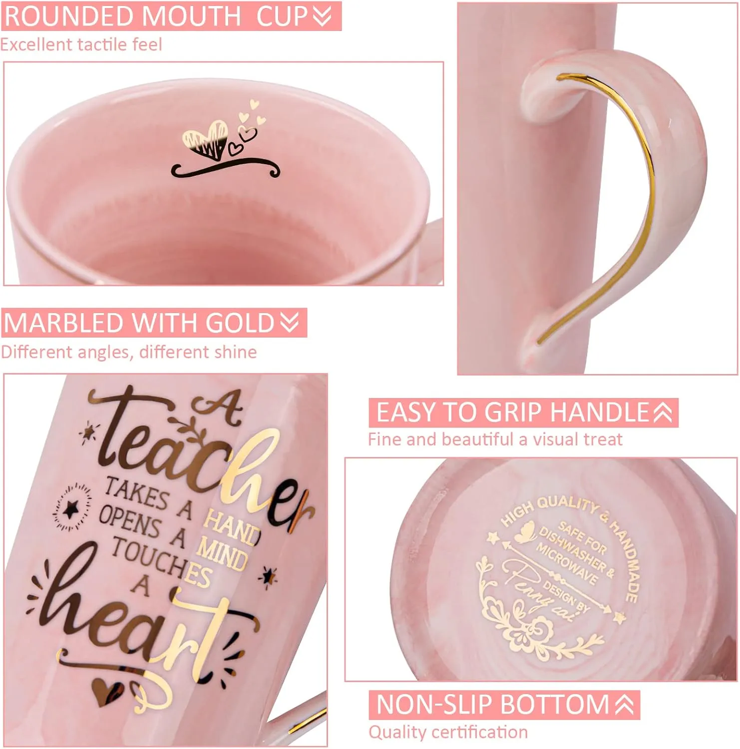 Unique Teacher Appreciation Gifts for Women - Best Teachers Day Mug for Teachers from Student, 14Oz Pink Marble Ceramic Teacher Cup with Gold Print, Birthday Retirement Graduation, Nice Gift Boxed