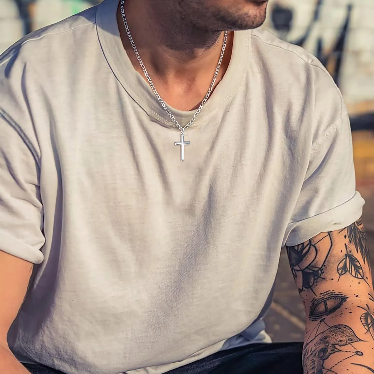 Ursteel S925 Sterling Silver Cross Necklace for Men Women - Stainless Steel Diamond Cut Chain Silver Mens Cross Necklace Jewelry 16-24 Inches