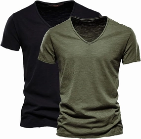 V Neck Shirts for Men Cotton Short Sleeve 2 Pc Dry Fit Casual Summer Fashion T-Shirts Big and Tall Stylish Beach Tshirts
