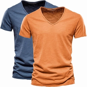 V Neck Shirts for Men Cotton Short Sleeve 2 Pc Dry Fit Casual Summer Fashion T-Shirts Big and Tall Stylish Beach Tshirts