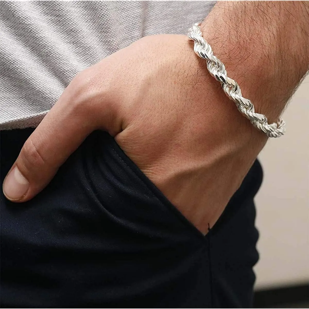 Verona Jewelers Sterling Silver Authentic Italian 4MM, 4.5MM 6MM 7.5MM 8.5 MM Solid Diamond Cut Twist Rope Chain Bracelet-Thick Braided Bracelet Chain for Men and Women