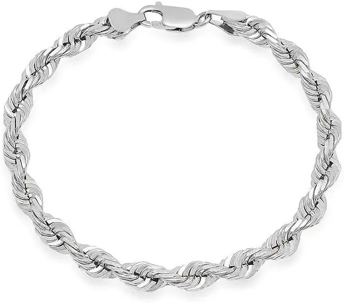 Verona Jewelers Sterling Silver Authentic Italian 4MM, 4.5MM 6MM 7.5MM 8.5 MM Solid Diamond Cut Twist Rope Chain Bracelet-Thick Braided Bracelet Chain for Men and Women