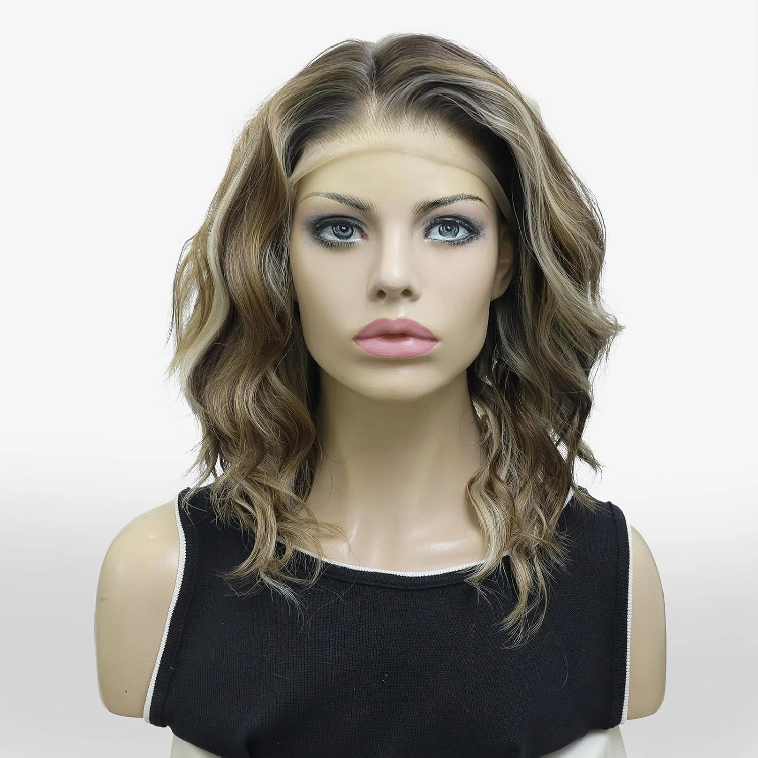 Vibe Brown Blonde Lace Front Wigs Short Bob Wavy Wigs Synthetic Hair Wig Free Part with Natural Hairline Shoulder Length for Women (Vibe Brown Blonde)