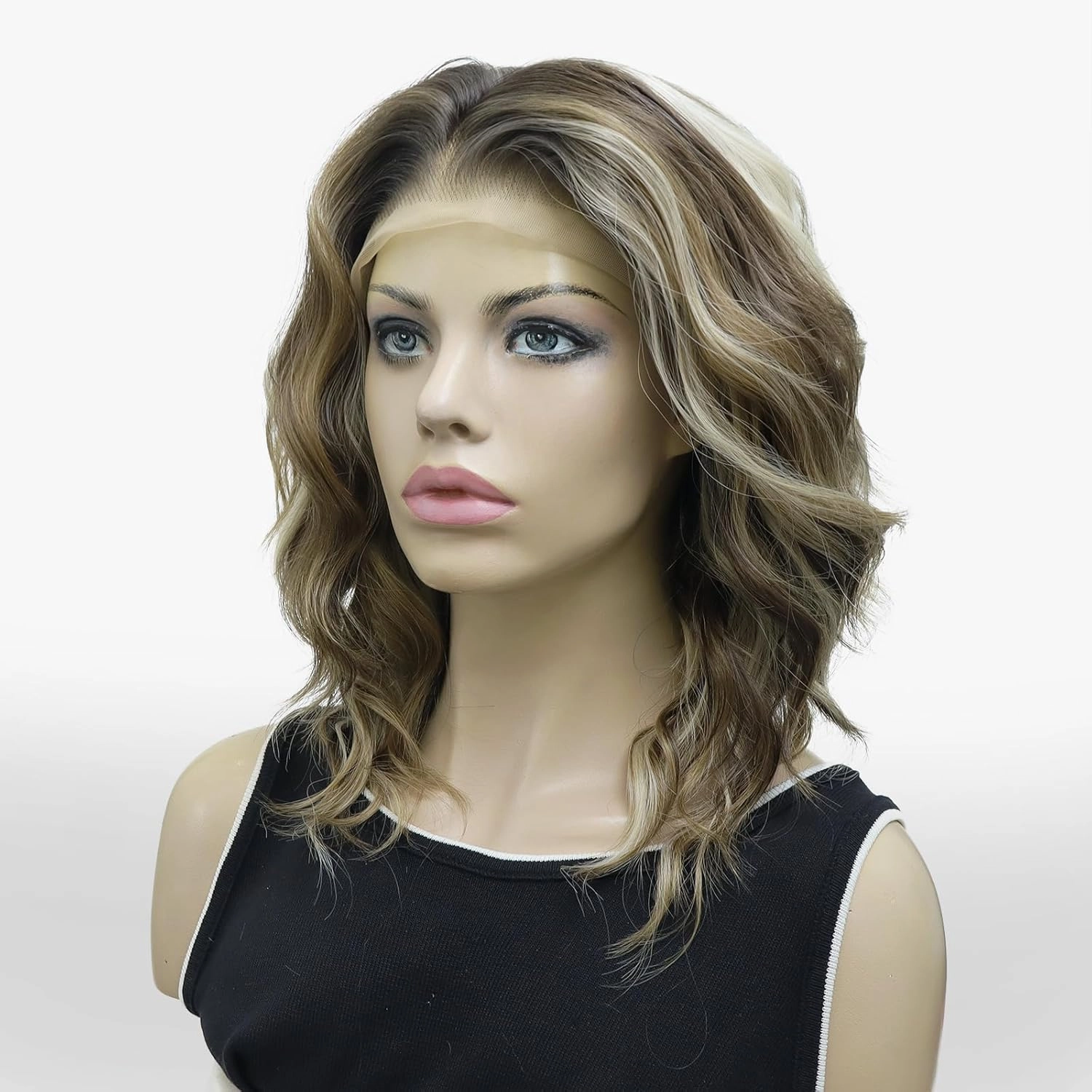 Vibe Brown Blonde Lace Front Wigs Short Bob Wavy Wigs Synthetic Hair Wig Free Part with Natural Hairline Shoulder Length for Women (Vibe Brown Blonde)