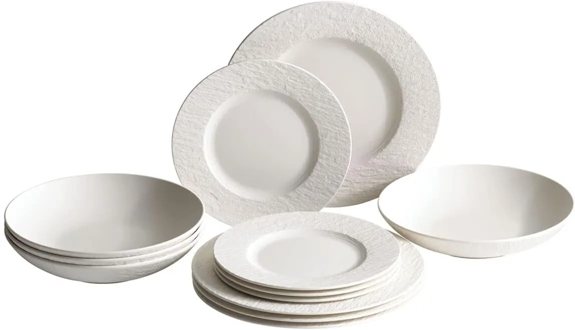 Villeroy & Boch Manufacture Rock Blanc 12-Piece Dinnerware Set, Service for 4, Dinner Plates, Salad Plates & Pasta Bowls, Premium Porcelain, Made in Germany, Matte White