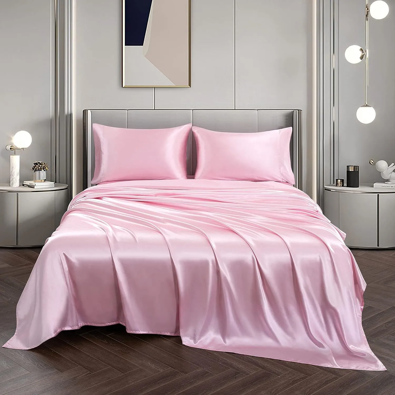 Vonty Satin Sheets Twin Silky Soft Satin Bed Sheets Pink Sheet Set, 1 Deep Pocket Fitted Sheet   1 Flat Sheet   1 Pillowcases