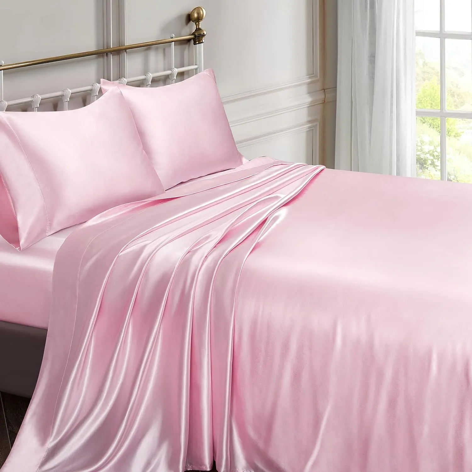 Vonty Satin Sheets Twin Silky Soft Satin Bed Sheets Pink Sheet Set, 1 Deep Pocket Fitted Sheet   1 Flat Sheet   1 Pillowcases