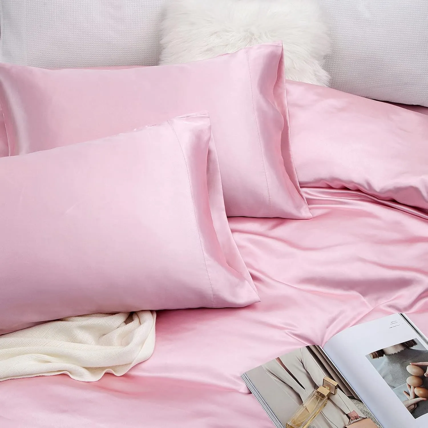 Vonty Satin Sheets Twin Silky Soft Satin Bed Sheets Pink Sheet Set, 1 Deep Pocket Fitted Sheet   1 Flat Sheet   1 Pillowcases