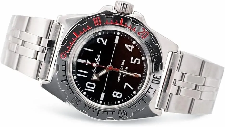 Vostok | Classic Amphibian Automatic Self-Winding Russian Diver Wrist Watch | WR 200 m | Fashion | Business | Casual Men's Watches | Model 110647 Steel Bracelet