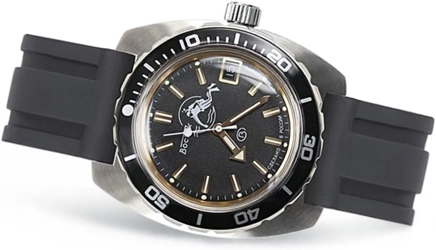 VOSTOK | Classic Amphibian Automatic Self-Winding Russian Diver Wrist Watch | WR 200 m | Fashion | Business | Casual Men's Watches | Model 170805 Black Resin Band