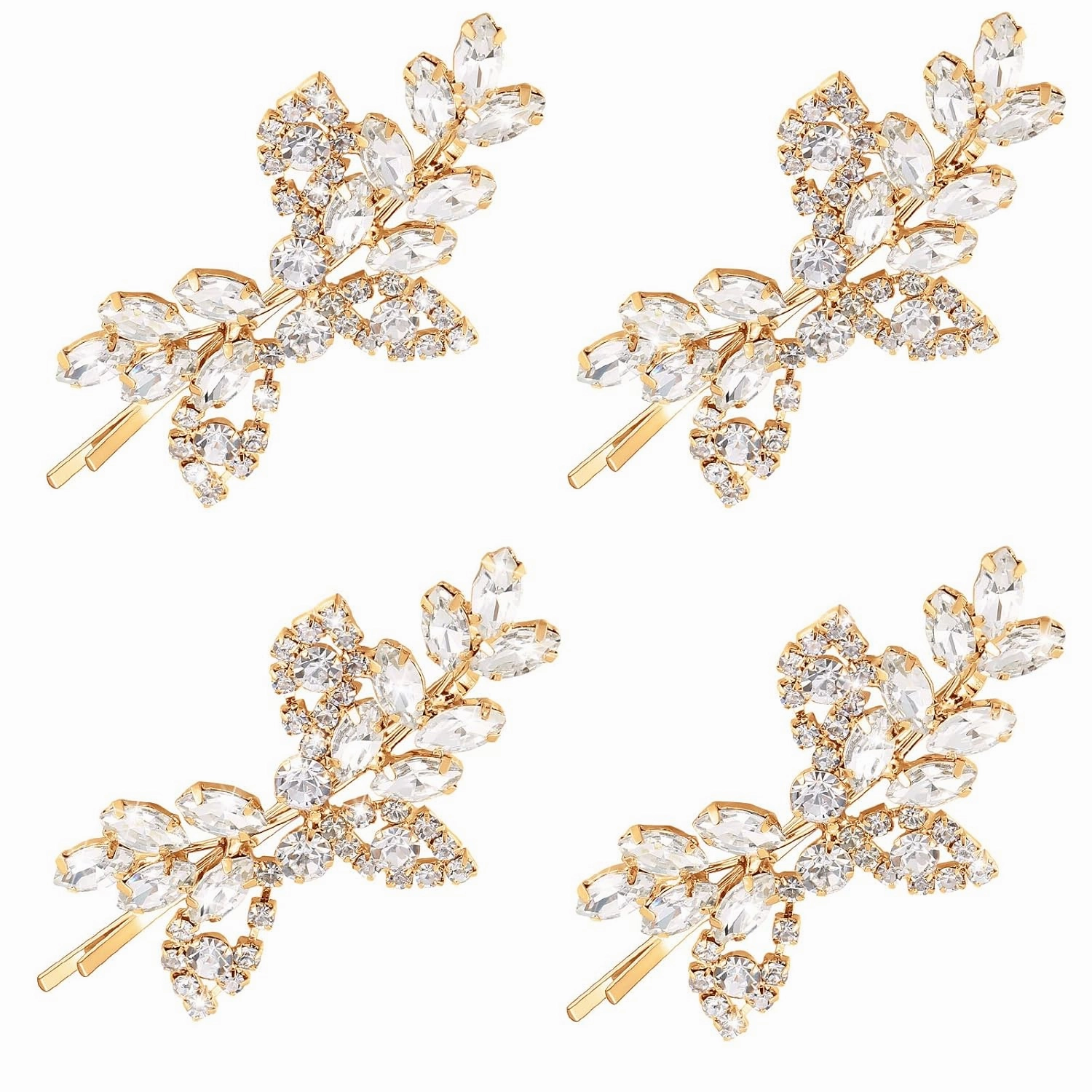 Waydress 4 Pcs Rhinestone Bridal Hair Clip Leaf Wedding Hairpin Bride Crystal Hair Barrette Accessories for Women (Gold, Rhinestone Style)