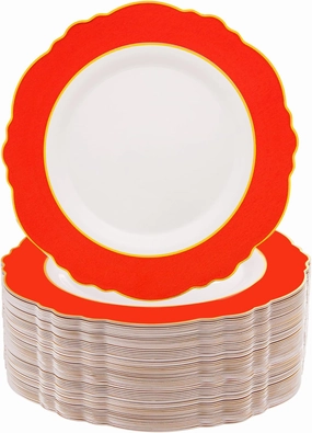WDF 60pcs Red Plastic Plates Gold Rim - 10.25inch Red Dinner Plates Disposable Plates Table Decor for Memorial Day
